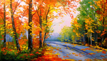 Painting titled "Autumn road" by Olha, Original Artwork, Oil