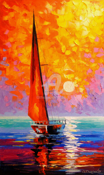Painting titled "Sailboat at dawn" by Olha, Original Artwork, Oil