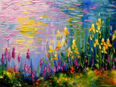 Painting titled "Flowers at the pond" by Olha, Original Artwork, Oil