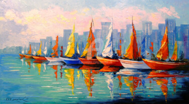 Peinture intitulée "Sailboats in the Bay" par Olha, Œuvre d'art originale, Huile