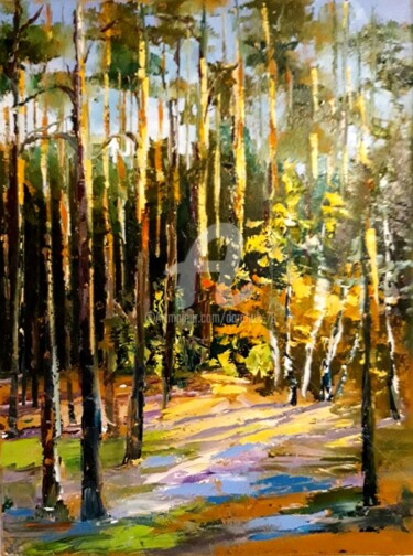Painting titled "Forest at noon" by Olha, Original Artwork, Oil