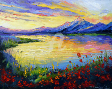 Painting titled "Poppies on the lake…" by Olha, Original Artwork, Oil