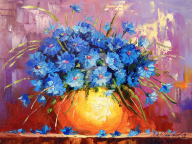 Painting titled "Bouquet of cornflow…" by Olha, Original Artwork, Oil