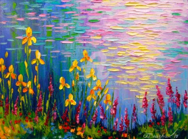 Painting titled "Flowers by the pond" by Olha, Original Artwork, Oil