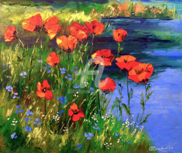 Painting titled "Poppies at the pond" by Olha, Original Artwork, Oil