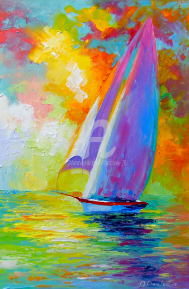 Painting titled "Sailboat in the sea" by Olha, Original Artwork, Oil