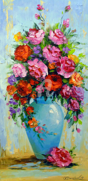 Painting titled "Bouquet of roses in…" by Olha, Original Artwork, Oil