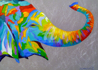 Painting titled "Smiling elephant" by Olha, Original Artwork, Oil