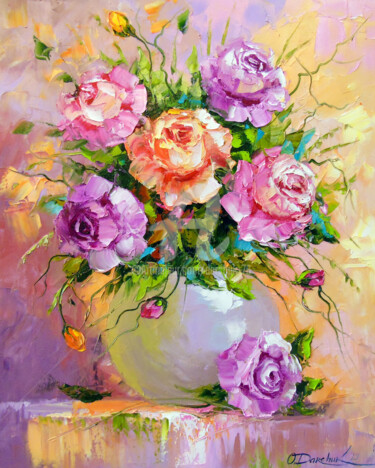 Painting titled "Bouquet   of     ro…" by Olha, Original Artwork, Oil Mounted on Wood Stretcher frame