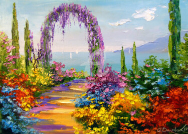 Painting titled "Blooming arch" by Olha, Original Artwork, Oil Mounted on Wood Stretcher frame