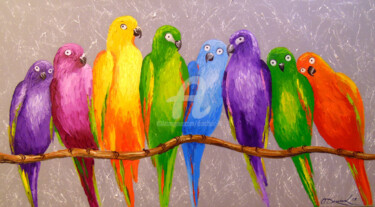Painting titled "Parrots friends" by Olha, Original Artwork, Oil