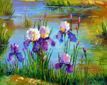 Painting titled "Iris at the pond" by Olha, Original Artwork, Oil Mounted on Wood Stretcher frame