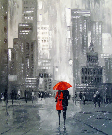 Painting titled "Together in new York" by Olha, Original Artwork, Oil Mounted on Wood Stretcher frame