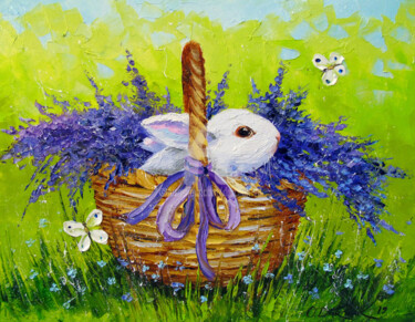 Painting titled "Rabbit in lavender" by Olha, Original Artwork, Oil