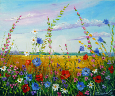 Pintura titulada "Field in summer flo…" por Olha, Obra de arte original, Oleo