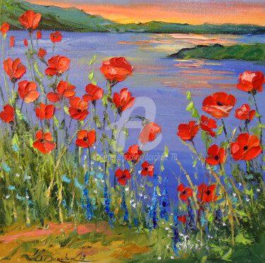 Painting titled "Poppies by the river" by Olha, Original Artwork, Oil