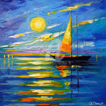 Malerei mit dem Titel "Sailboat at sunset" von Olha, Original-Kunstwerk, Öl