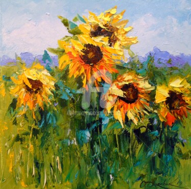 Painting titled "Sunflowers in the w…" by Olha, Original Artwork, Oil