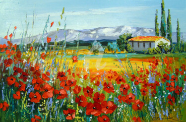Peinture intitulée "Poppy field near th…" par Olha, Œuvre d'art originale, Huile