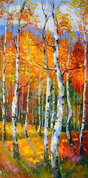 Painting titled "Birch in sunlight" by Olha, Original Artwork, Oil