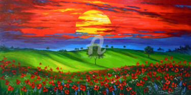 Painting titled "Sunset over poppy f…" by Olha, Original Artwork, Oil