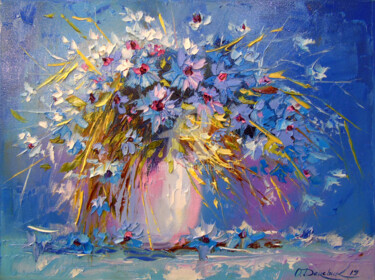 Painting titled "Bouquet of cornflow…" by Olha, Original Artwork, Oil