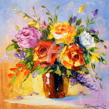 Картина под названием "Bouquet   of   roses" - Olha, Подлинное произведение искусства, Масло