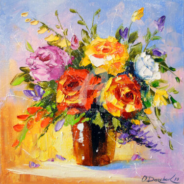 Pintura intitulada "Bouquet   of   roses" por Olha, Obras de arte originais, Óleo