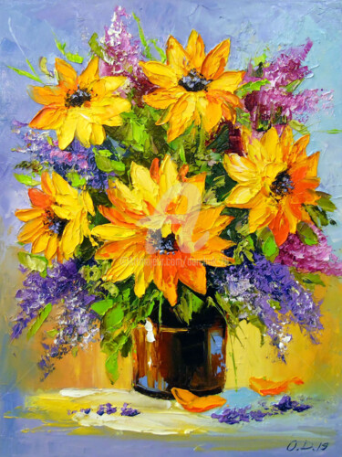 Pintura intitulada "Bouquet of sunflowe…" por Olha, Obras de arte originais, Óleo