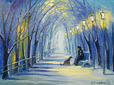 Painting titled "Winter evening" by Olha, Original Artwork, Oil