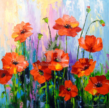 Painting titled "Blooming poppies" by Olha, Original Artwork, Oil