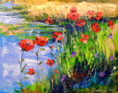 Pittura intitolato "Poppies by the pond" da Olha, Opera d'arte originale, Olio Montato su Telaio per barella in legno