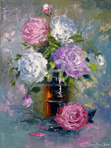 Painting titled "Bouquet of roses" by Olha, Original Artwork, Oil
