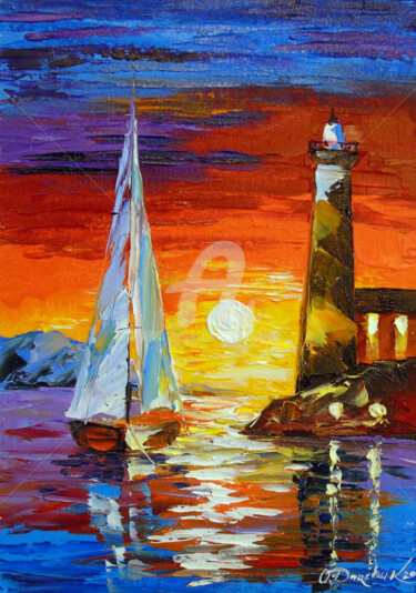 Painting titled "Sailboat and lighth…" by Olha, Original Artwork, Oil