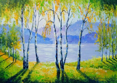 Painting titled "Birch trees by the…" by Olha, Original Artwork, Oil Mounted on Wood Stretcher frame