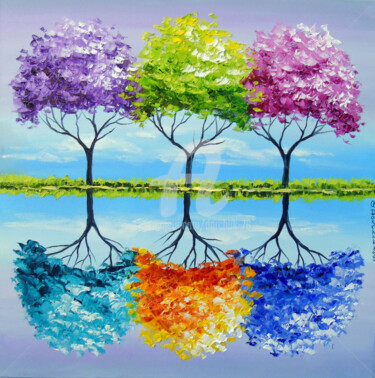 Painting titled "Each   tree  has  i…" by Olha, Original Artwork, Oil