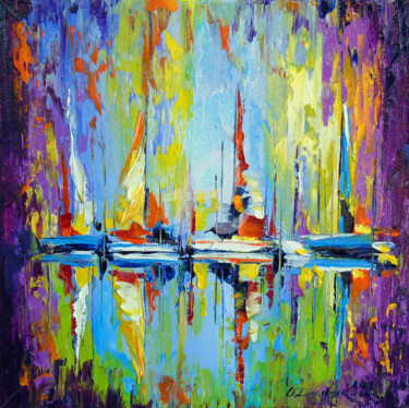 Pintura intitulada "Boats at the pier" por Olha, Obras de arte originais, Óleo
