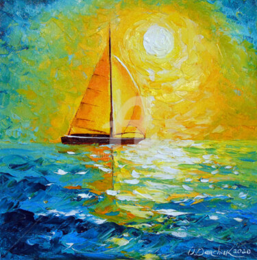 Schilderij getiteld "Sailboat in the sun…" door Olha, Origineel Kunstwerk, Olie