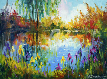 Painting titled "Irises  by  the  po…" by Olha, Original Artwork, Oil