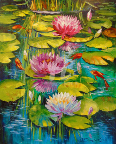 Painting titled "Charming pond" by Olha, Original Artwork, Oil Mounted on Wood Stretcher frame