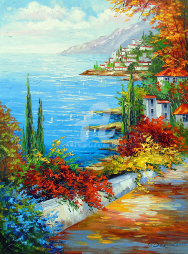 Painting titled "City by the sea" by Olha, Original Artwork, Oil Mounted on Wood Stretcher frame