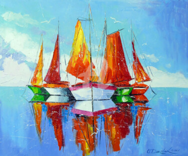 Painting titled "Schooners on the ro…" by Olha, Original Artwork, Oil