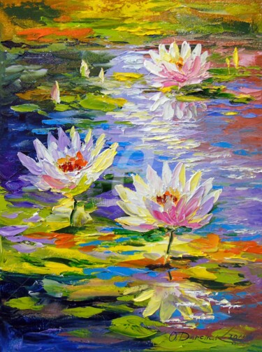 Painting titled "Water lilies in the…" by Olha, Original Artwork, Oil