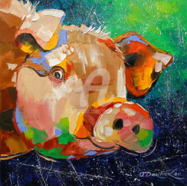 Painting titled "Funny pig" by Olha, Original Artwork, Oil