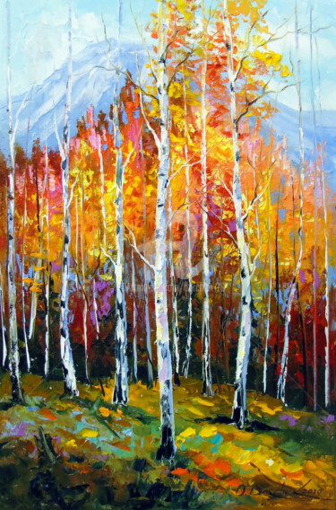 Peinture intitulée "Birches by the moun…" par Olha, Œuvre d'art originale, Huile
