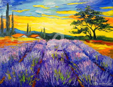 Painting titled "Lavender   field" by Olha, Original Artwork, Oil