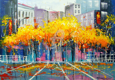 Painting titled "Autumn in Chicago" by Olha, Original Artwork, Oil