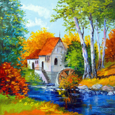 Painting titled "Mill by the river" by Olha, Original Artwork, Oil Mounted on Wood Stretcher frame