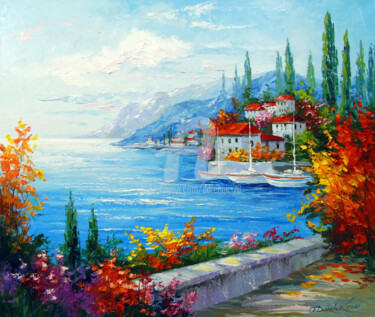 Painting titled "City on the sea coa…" by Olha, Original Artwork, Oil Mounted on Wood Stretcher frame