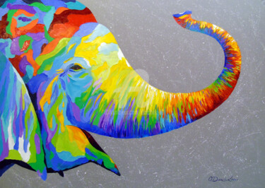 Painting titled "Smiling   elephant" by Olha, Original Artwork, Oil